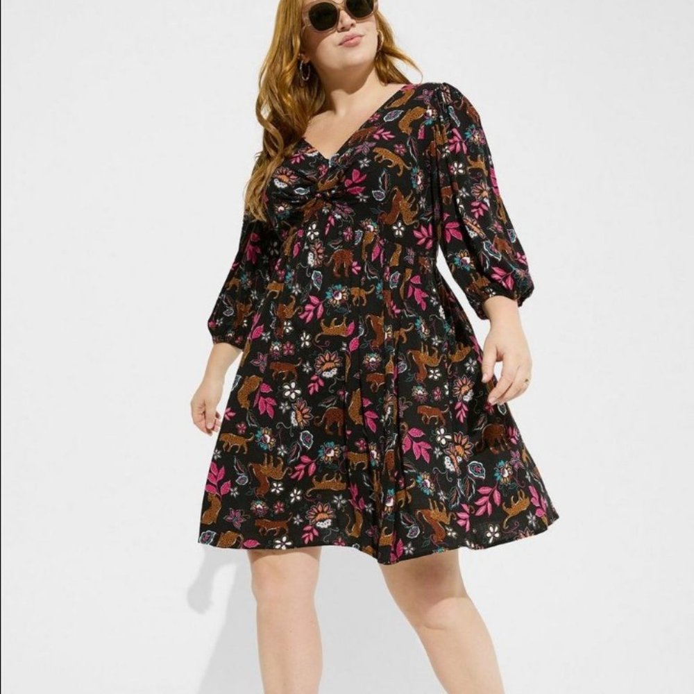 Torrid Black Mini Rayon Slub Balloon Sleeve Twist Front Dress - 6/6X